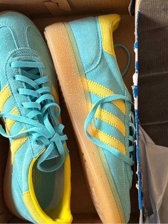 adidas Turquoise Suede Handball Spezial Sneakers with Yellow Stripes - Picture 2 of 2